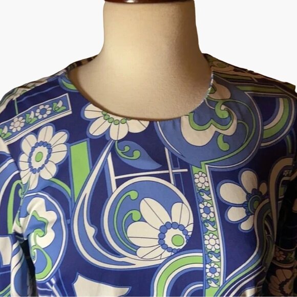 J. McLaughlin Blue Floral Dress Size Medium Stretchy Catalina Cloth Rear Zipper - Picture 5 of 9